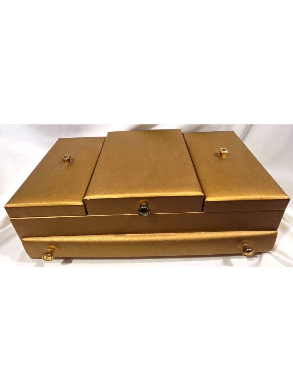Vintage LADY BUXTON gold vinyl Jewelry Box tiered organizer w/drawer MCM 60s-70s